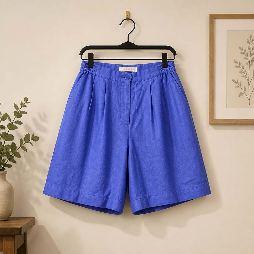 Frenchic Vintage Pleated High Waisted 100% Linen Bermuda Shorts